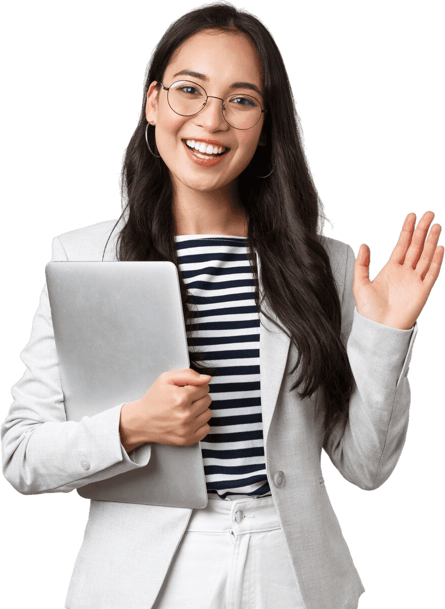 business finance employment female successful entrepreneurs concept friendly smiling office manager greeting new coworker businesswoman welcome clients with hand wave hold laptop 1