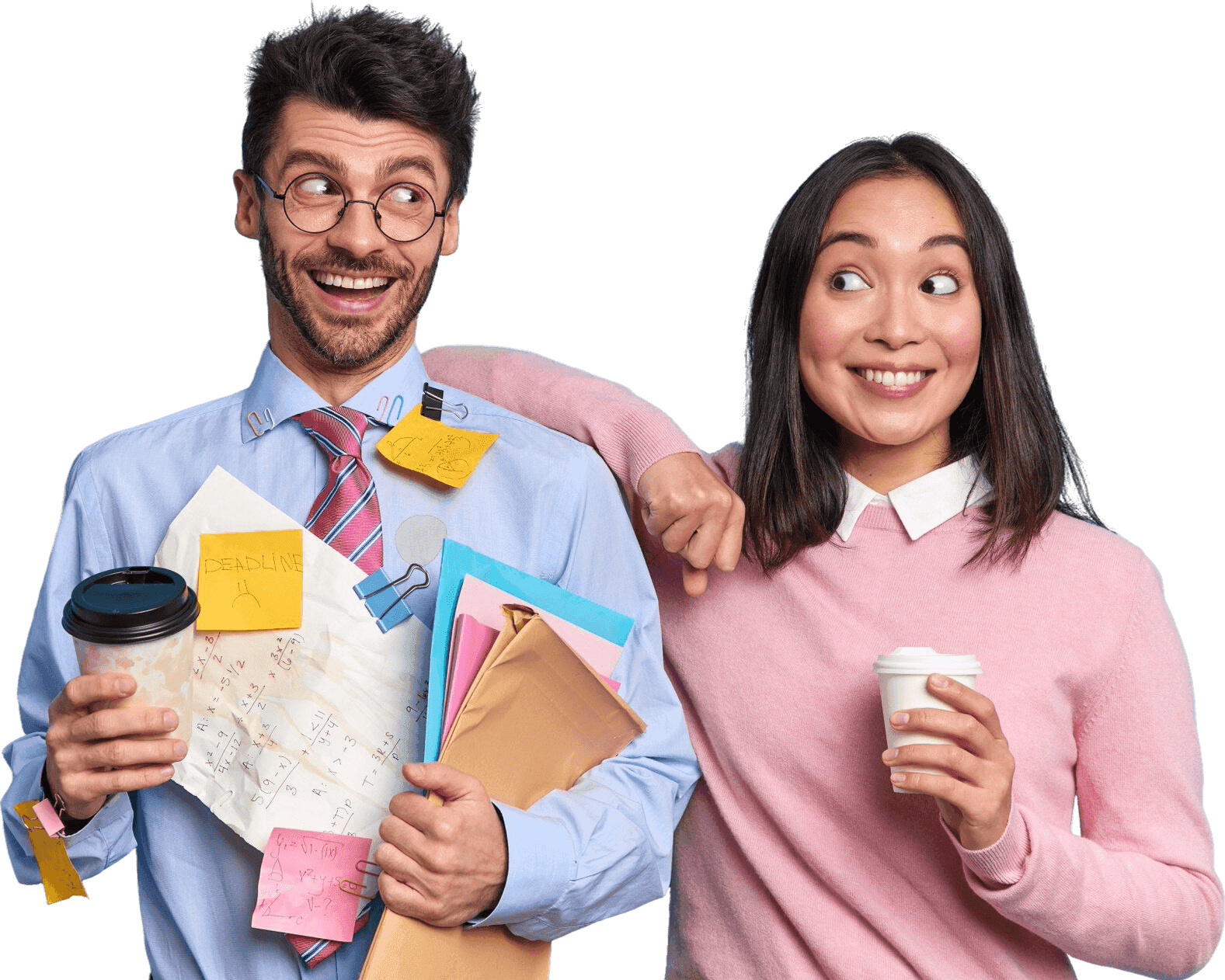 studio shot happy classmates discuss school project ideas stand glad drink take away coffee look cheerfully each other glad nerd man holds folders covered with stickers formal shirt 1 1
